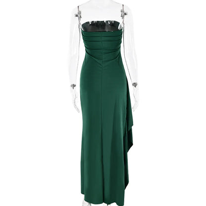 Cryptographic Off Shoulder Elegant High Rise Split Maxi Dress Club Outfits for Women Sexy Strapless Evening Dresses Ruched Gown