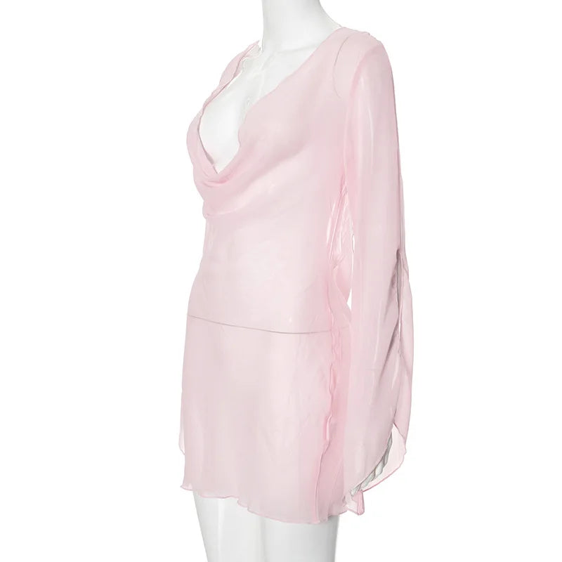 Sexy Deep V-Neck Nightgown Trendy Pink Backless Flare sleeve Sheer Mini Dress Women's Sensual Clothing Sleepwear Loungewear Pjs