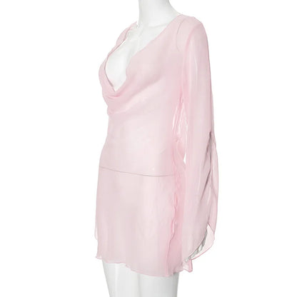 Sexy Deep V-Neck Nightgown Trendy Pink Backless Flare sleeve Sheer Mini Dress Women's Sensual Clothing Sleepwear Loungewear Pjs