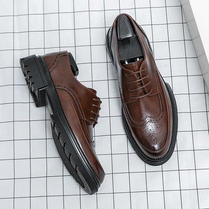 Men's leather shoes, Italian brand, versatile for business, formal wear, casual, high-quality brown, classic block shoes.