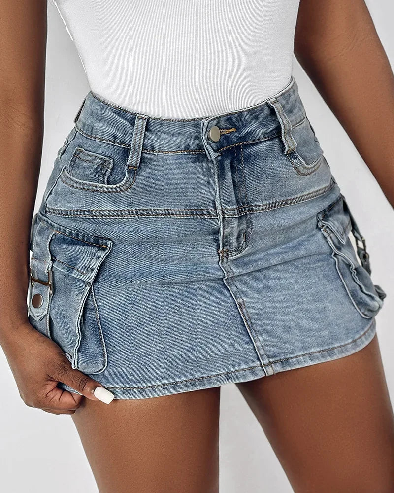 Pocket Design Buckled Denim Skirt Women High Waist Short Mini Skirt Sexy Summer Fashion