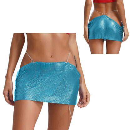 Women Sparkly Sequins Mini Skirt Low Waist Metal Chains Waistband Glitter Skirts Sexy Miniskirt Nightclub Rave Party Clubwear