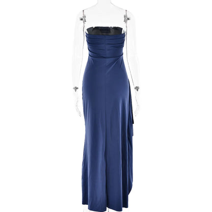 Cryptographic Off Shoulder Elegant High Rise Split Maxi Dress Club Outfits for Women Sexy Strapless Evening Dresses Ruched Gown