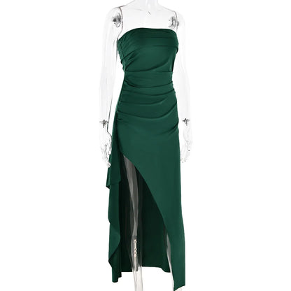 Cryptographic Off Shoulder Elegant High Rise Split Maxi Dress Club Outfits for Women Sexy Strapless Evening Dresses Ruched Gown