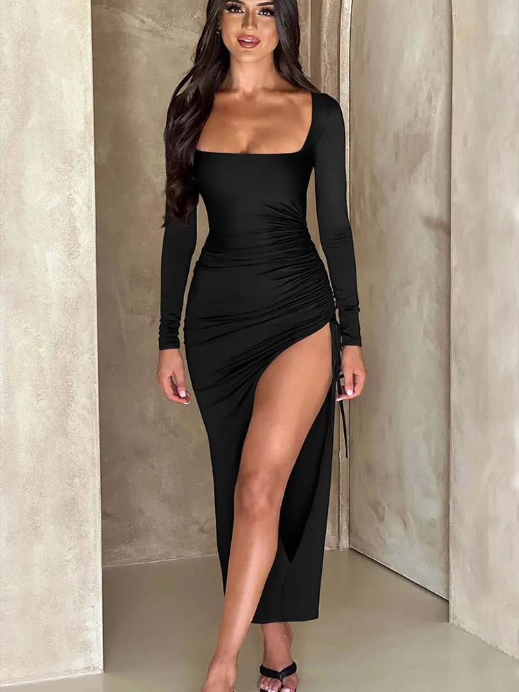 New Long Sleeve Ruched High Split Maxi Dress Women Square Collar Drawstring Bodycon Sexy Party Long Dress Elegant Autumn
