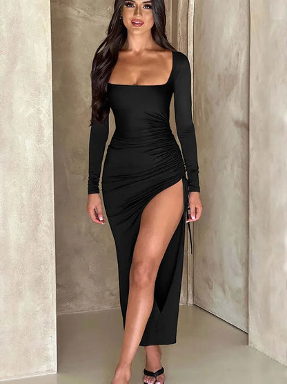 New Long Sleeve Ruched High Split Maxi Dress Women Square Collar Drawstring Bodycon Sexy Party Long Dress Elegant Autumn