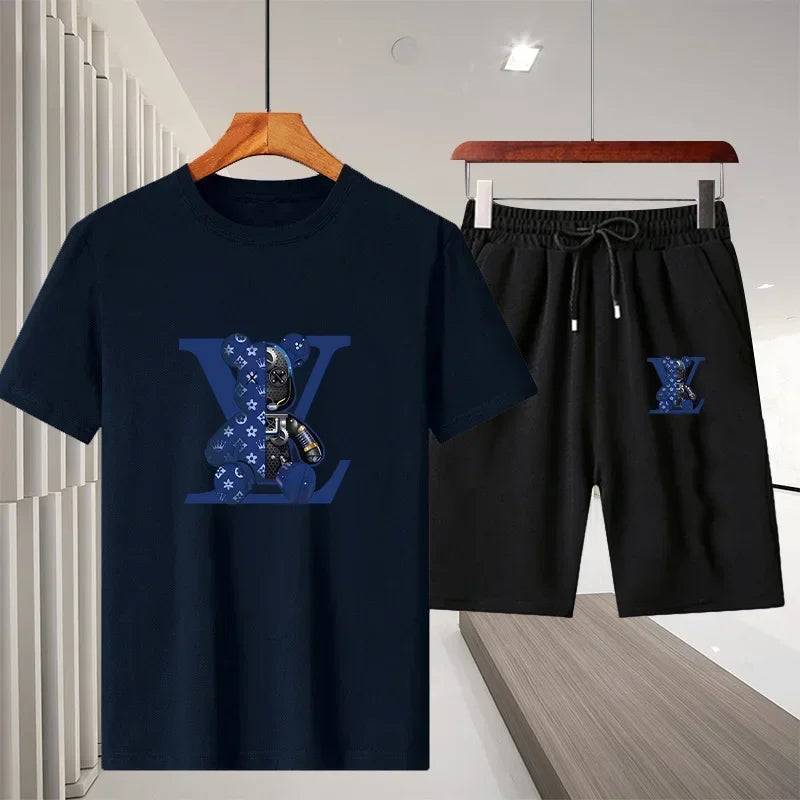 New 2025 summer leisure men's sports suit Outdoor hiking jogging men's short sleeve breathable T-shirt + shorts two-piece set
