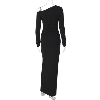TARUXY White Skew Collar Long Sleeve Maxi Dress For Women 2024 Autumn Winter New Bodycon Elegant Party Dress Female High Waist