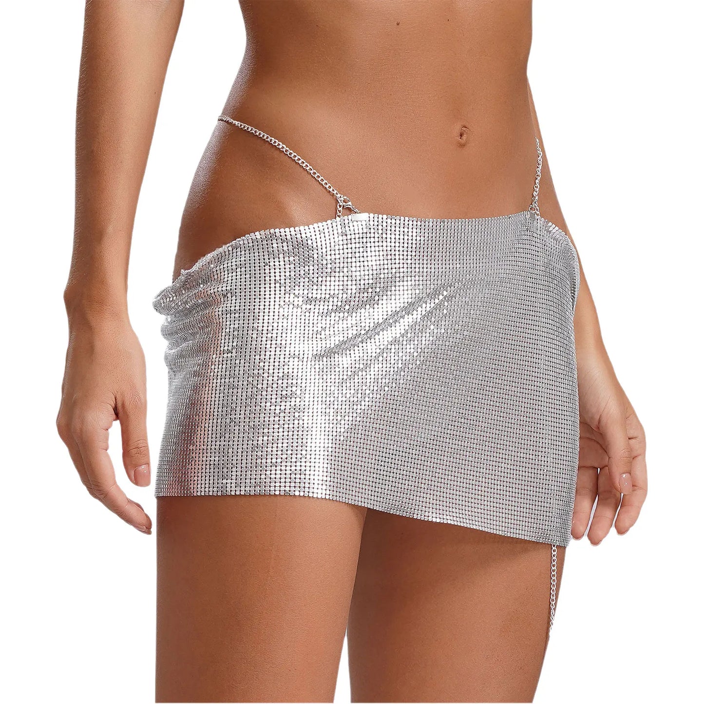 Women Sparkly Sequins Mini Skirt Low Waist Metal Chains Waistband Glitter Skirts Sexy Miniskirt Nightclub Rave Party Clubwear