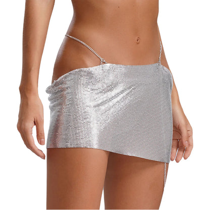 Women Sparkly Sequins Mini Skirt Low Waist Metal Chains Waistband Glitter Skirts Sexy Miniskirt Nightclub Rave Party Clubwear