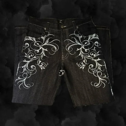 Jeans embroidered hip-hop wide-leg floor-moving Y2K mid-waist gothic individual men's pants American retro fashion trousers