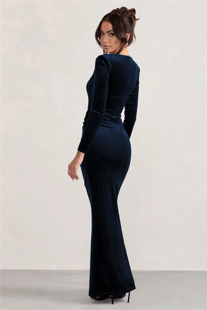 Mozision Square Collar Long Sleeve Sexy Maxi Dress For Women Velvet Fashion Ruched Split Bodycon Club Party Elegant Long Dress