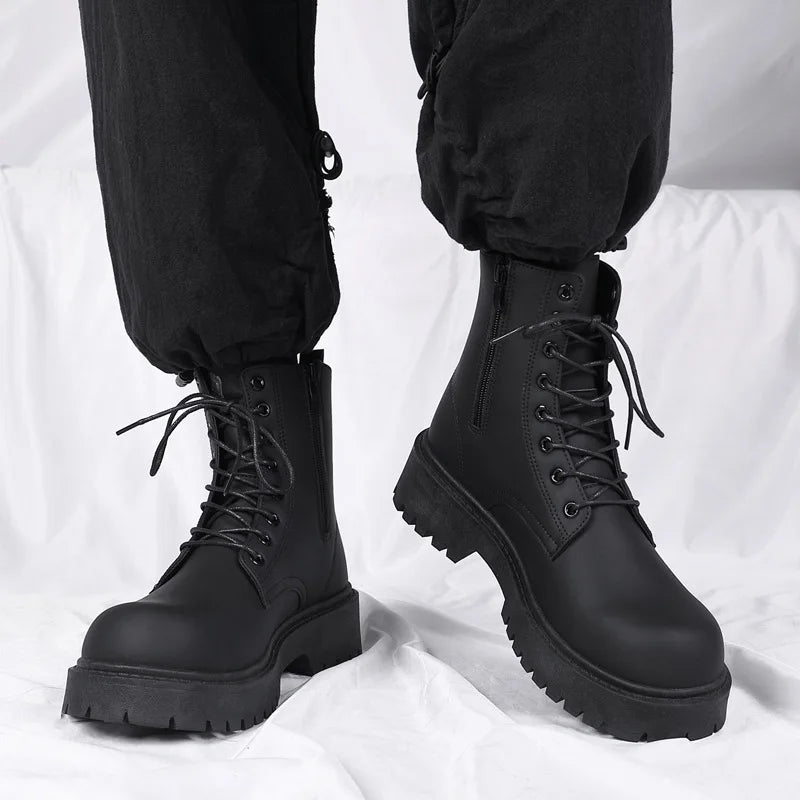 Men's Boots High Top Leather Boots British Style Black Ankle Boots Platform Lace Up Motorcycle Boot Couple Outdoor Casual Shoes