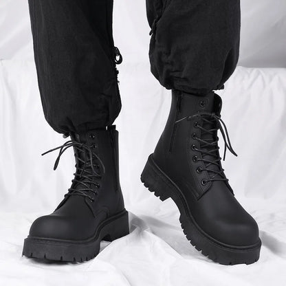 Men's Boots High Top Leather Boots British Style Black Ankle Boots Platform Lace Up Motorcycle Boot Couple Outdoor Casual Shoes