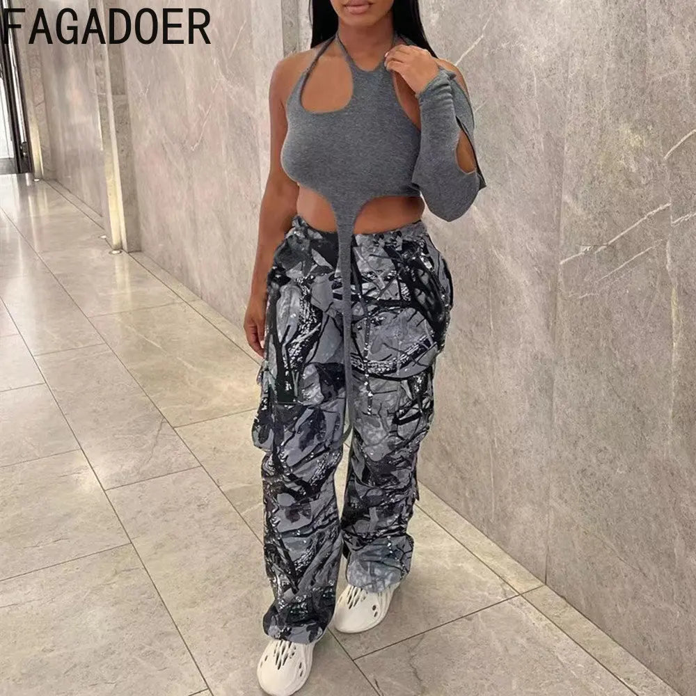 FAGADOER Casual Camouflage Cargo Pants Fashion Y2K Street Wide Leg Pants Women High Waisted Button Pocket Trousers Bottoms 2023