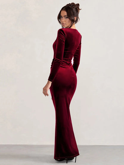 Mozision Square Collar Long Sleeve Sexy Maxi Dress For Women Velvet Fashion Ruched Split Bodycon Club Party Elegant Long Dress