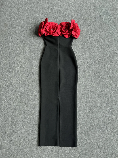 2024 High Quality Summer Women's New Black Sexy One Shoulder Dress with High Quality 3D Flower Decoration Slim Fit Bandage Dress