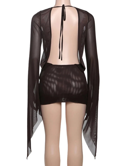 Irregular Women Mini Dress Sexy See Through Chic Long Sleeve Deep Low Neck Bandage Slim Vestidos Mujer Coquette Frock