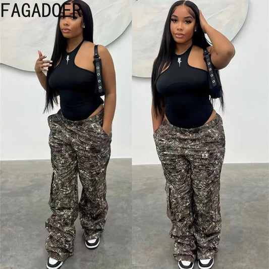 FAGADOER Casual Camouflage Cargo Pants Fashion Y2K Street Wide Leg Pants Women High Waisted Button Pocket Trousers Bottoms 2023