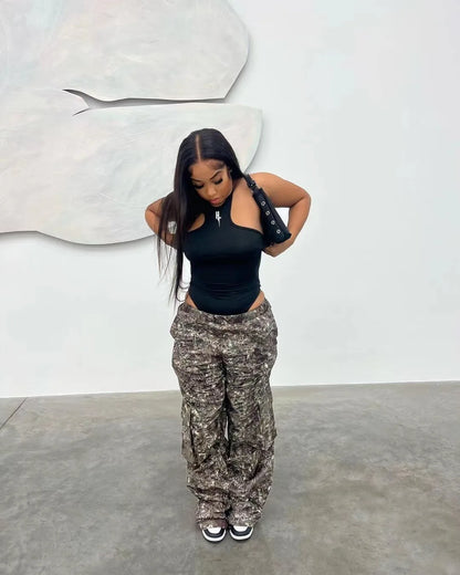 FAGADOER Casual Camouflage Cargo Pants Fashion Y2K Street Wide Leg Pants Women High Waisted Button Pocket Trousers Bottoms 2023
