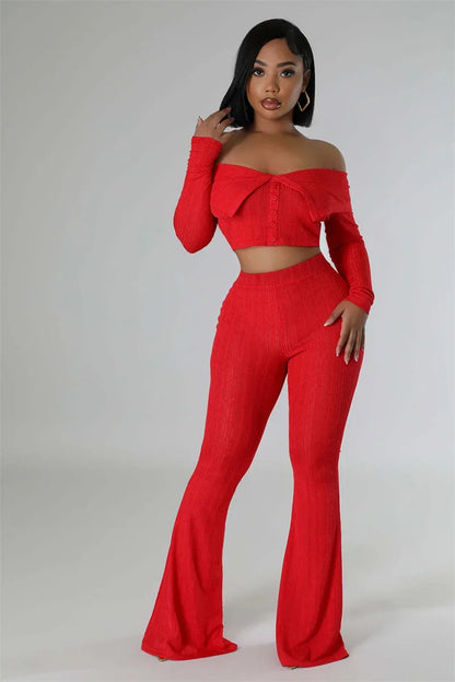 Sexy Knitted Two Piece Set for Women Birthday Outfits Off Shoulder Slash Neck Crop Top and Flare Pants Set Conjuntos Femininos