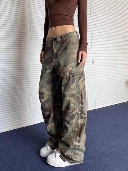 2024 Cyber Y2K Streetwear Washed Camouflage Pleated Baggy Jeans Cargo Pants For Women Clothes Underwear Lady Casual Trousers