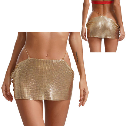 Women Sparkly Sequins Mini Skirt Low Waist Metal Chains Waistband Glitter Skirts Sexy Miniskirt Nightclub Rave Party Clubwear