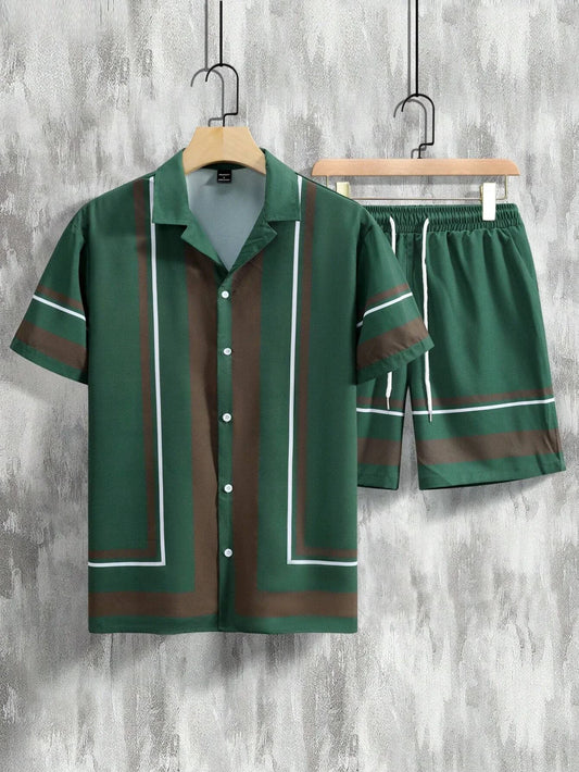 Summer Men Shirts Set Vintage Simple Stripes Beach Short Sleeve Casual Lapel Shirt Oversized Beach Shorts Hawaiian Sport Suits