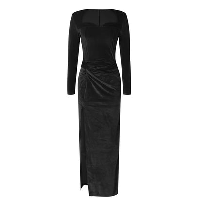 Semi Formal Women Dresses Sexy Slim Slit Square Neck Dress Fashionable And Elegant Velvet Gathered Winter Dress Vestidos