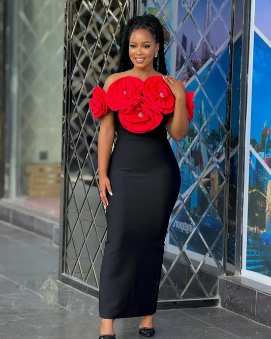 2024 High Quality Summer Women's New Black Sexy One Shoulder Dress with High Quality 3D Flower Decoration Slim Fit Bandage Dress