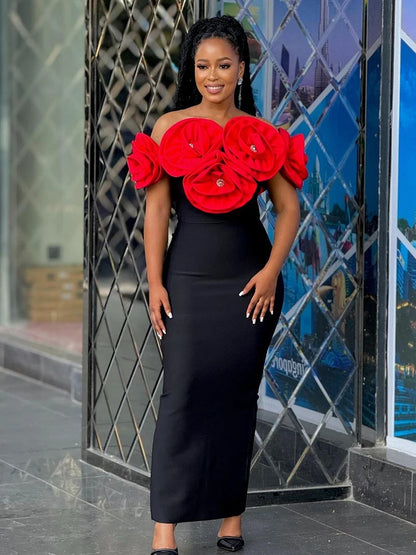 PB 2024 Elegant  3D Flowers Diamond Bra Bandage Maxi Dress Off Shoulder One Line Neck Sleeveless Women Celebrity Club Dress