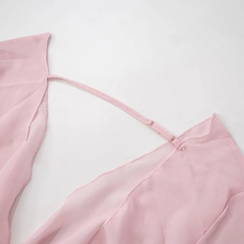 Sexy Deep V-Neck Nightgown Trendy Pink Backless Flare sleeve Sheer Mini Dress Women's Sensual Clothing Sleepwear Loungewear Pjs