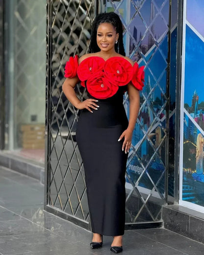 2024 High Quality Summer Women's New Black Sexy One Shoulder Dress with High Quality 3D Flower Decoration Slim Fit Bandage Dress