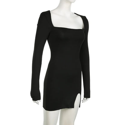Fashion Autumn Dresses Women New Streetwear Long Sleeves Split Lace-up Mini Dress Black Sexy Backless Female Casual Slim Dresses