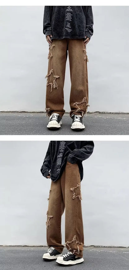 2025 New Fashion Stars Towel Embroidery Brown Men Jeans Pants Y2K Clothes Straight Hip Hop Cotton Trousers Pantalon Homme