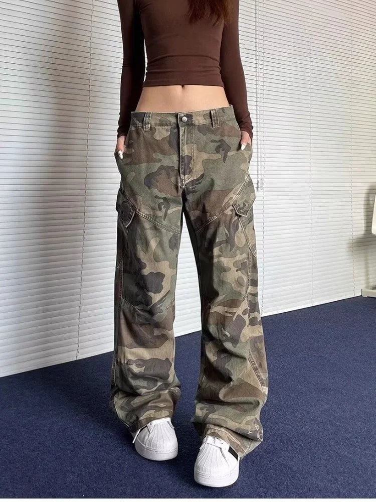 2024 Cyber Y2K Streetwear Washed Camouflage Pleated Baggy Jeans Cargo Pants For Women Clothes Underwear Lady Casual Trousers