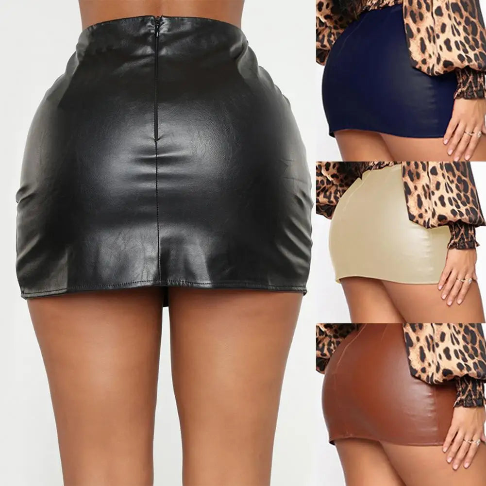 Leather Slim Mini Skirt Sexy Fashion PU Hot Short High Waist Skirt Korean Nightclub Faux Leather High Waist Split Skinny Skirt
