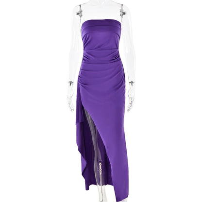 Cryptographic Off Shoulder Elegant High Rise Split Maxi Dress Club Outfits for Women Sexy Strapless Evening Dresses Ruched Gown