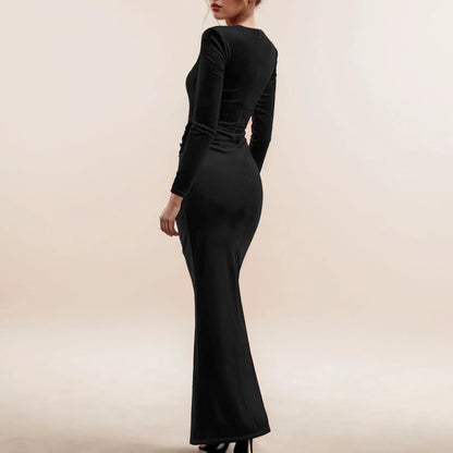 Semi Formal Women Dresses Sexy Slim Slit Square Neck Dress Fashionable And Elegant Velvet Gathered Winter Dress Vestidos