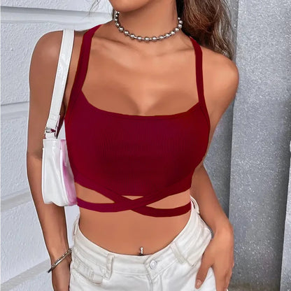 Summer Crop Tops Womens Sleeveless Sexy Bandage T Shirt Top Fashion Red Lace Up Backless Tank Top Tumblr Ladies Vest Y2K Clothes