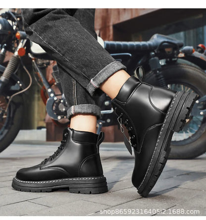Men's Boots Lace Up 2024 Winter New High Top Leisure All-match Men's Casual Boots Non-slip Trend Rubber Men Flat Boots