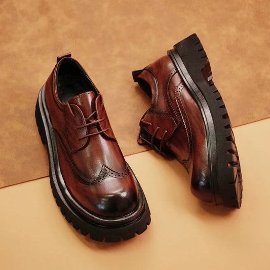 British Style Men's Block Shoes Thick Soled Durable for Office Interviews Formal Shoes Retro Brown Men's Shiny Leather Shoes