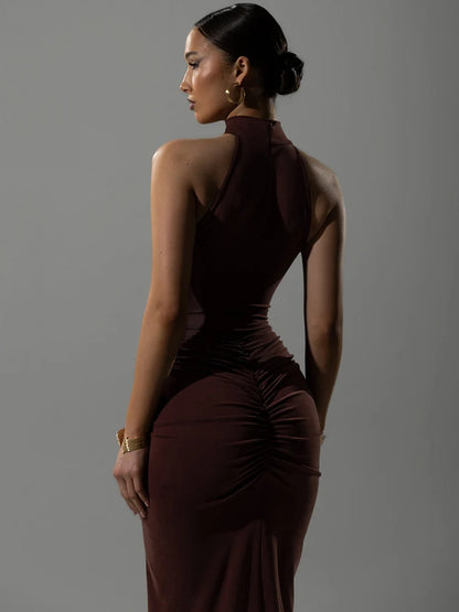 Mozision Halter Ruched Sleeveless Sexy Maxi Dress Women Gown Fashion Slim High Waist Evening Club Party Split Long Dress
