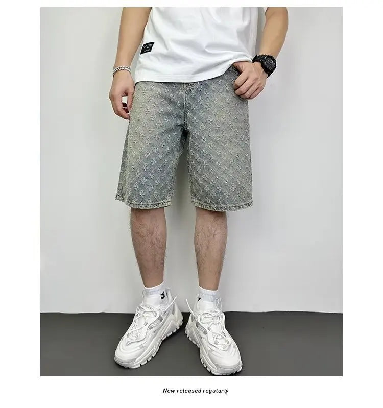 Fashion Casual Summer Light Blue Distressed Men Denim Shorts Smart Straight Leg Loosen Male High Street Niche Design Tide Shorts