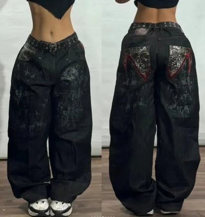 Y2K American New Hole Oversized Printing Washed Old Casual Jeans Men Punk Fashion Vintage Hip Hop High Waist Wide Leg Pants