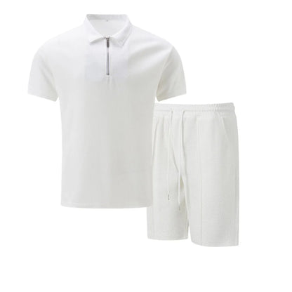 2025 Men Europe and the United States new summer Waffle solid color zip-up lapel short-sleeve suit shorts two sets