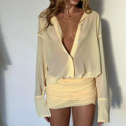 Cryptographic Fashion See Through Shirt Mini Dress Flare Sleeve Sexy Club Party Bandage Ruched Lapel Dresses Outfits Clothes