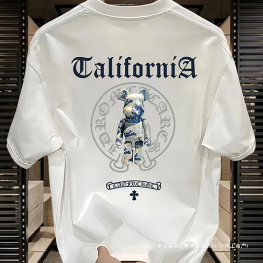 Fashion brand violent bear print t-shirt men's 2025 summer new American loose casual 100% cotton breathable t-shirt street wear