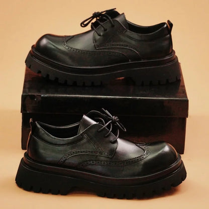 British Style Men's Block Shoes Thick Soled Durable for Office Interviews Formal Shoes Retro Brown Men's Shiny Leather Shoes