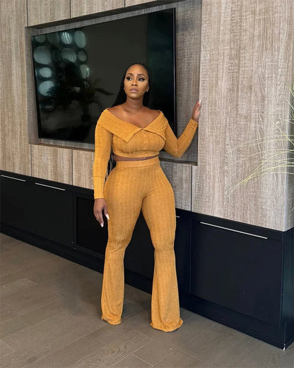 Sexy Knitted Two Piece Set for Women Birthday Outfits Off Shoulder Slash Neck Crop Top and Flare Pants Set Conjuntos Femininos
